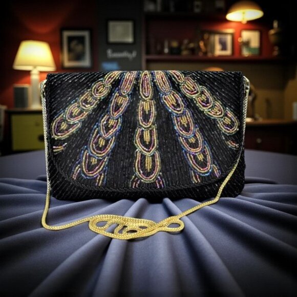 Vintage La Regale Ltd Beaded Peacock Tail Evening Bag Crossbody Gold Chain - Picture 1 of 7